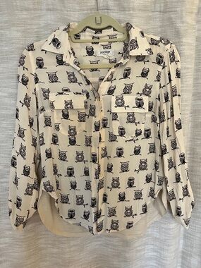 Anthropologie Porridge Cream Owl Print Button-Up Blouse